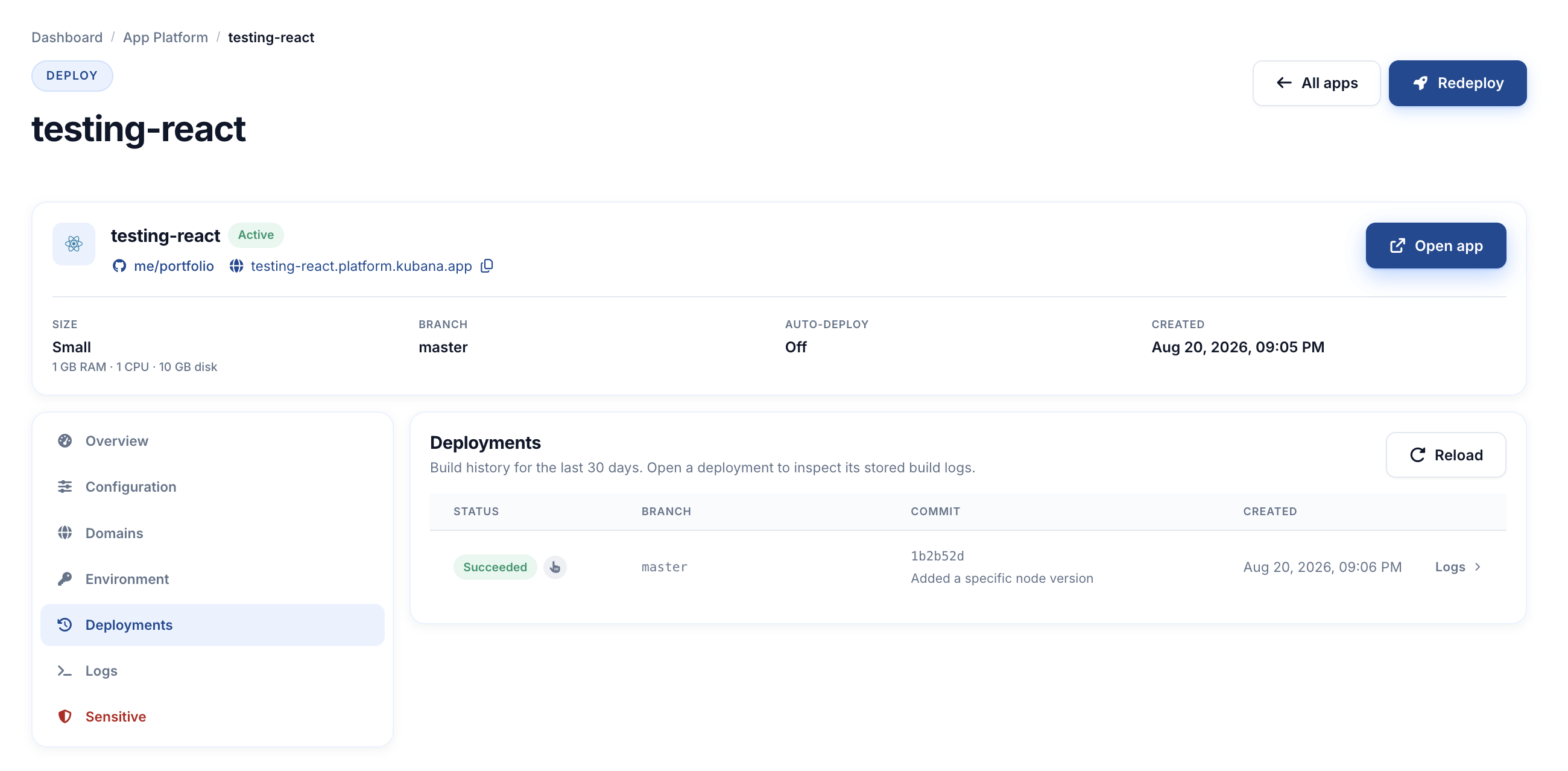 Active app overview with public HTTPS URL, Deploying status, and a successful deployment row