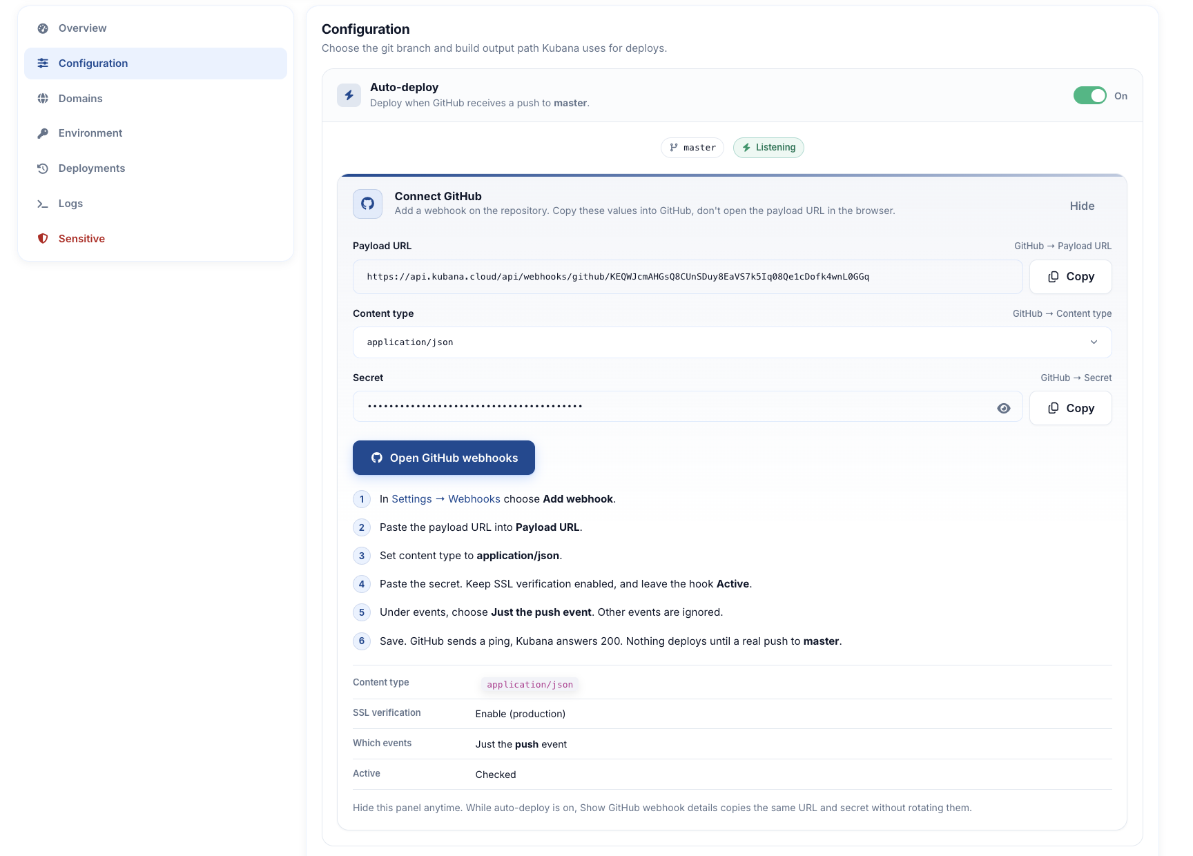 Auto-deploy toggle on, webhook payload URL and secret