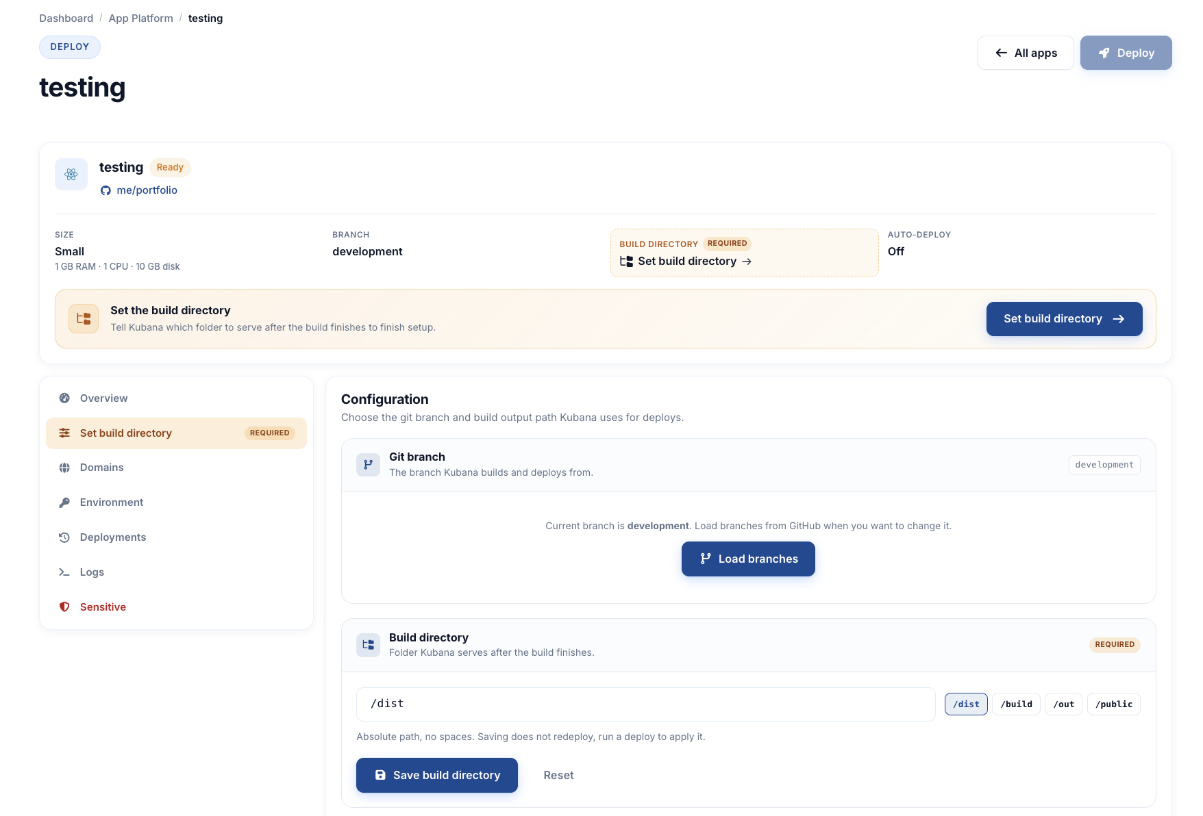 Build directory field set to /dist with suggestion chips for /dist, /build, /out, /public