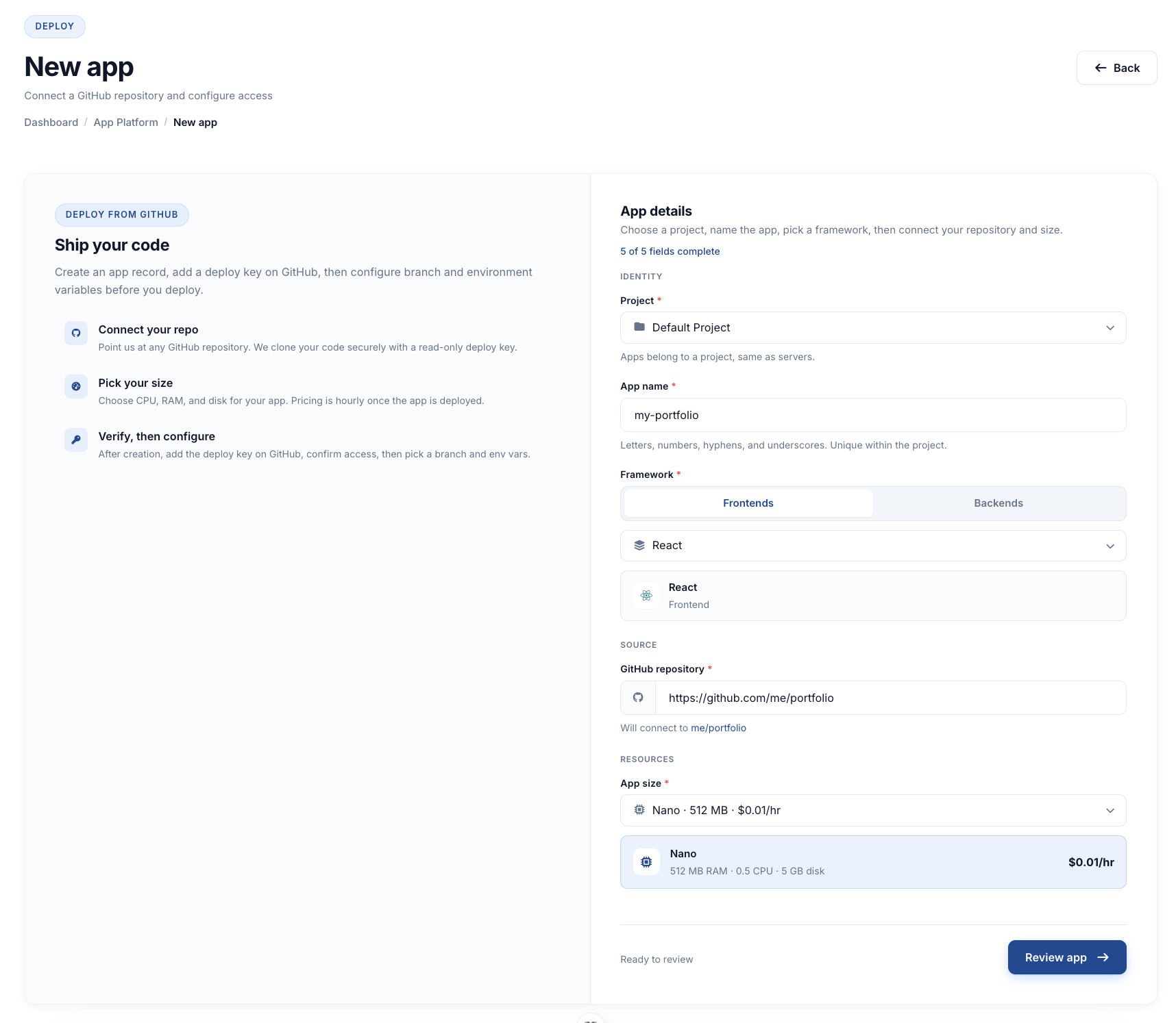 New App Platform form with Frontend selected, React chosen, GitHub URL filled in, and a size picked