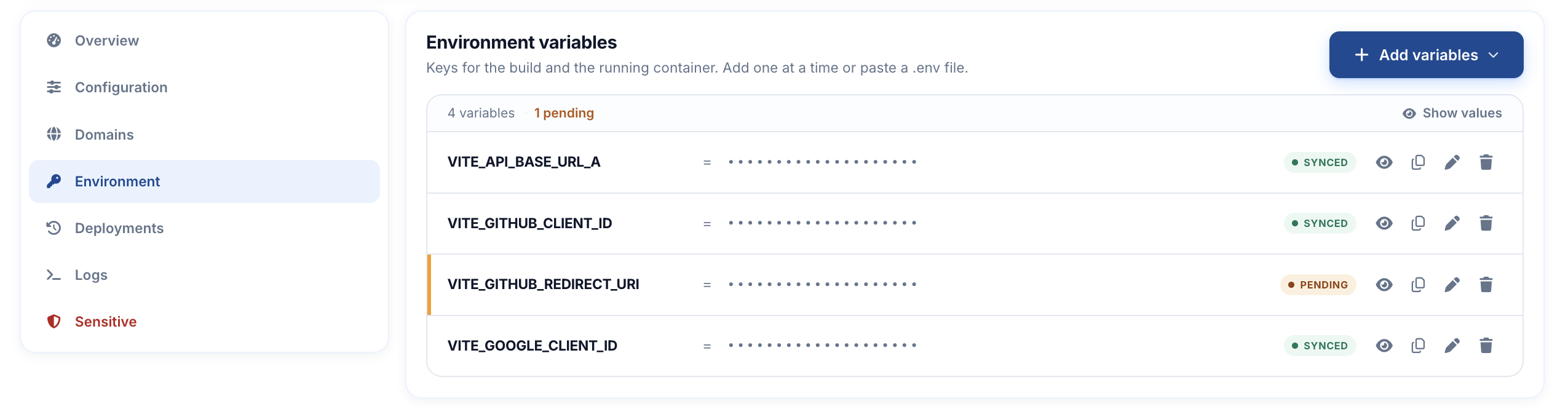 Environment tab with a VITE_API_URL variable, Pending vs Synced status