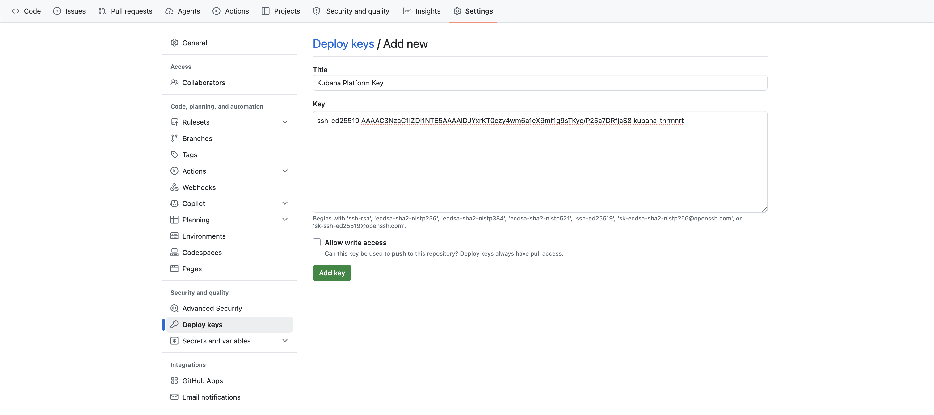 GitHub Settings → Deploy keys with the public key pasted and write access unchecked