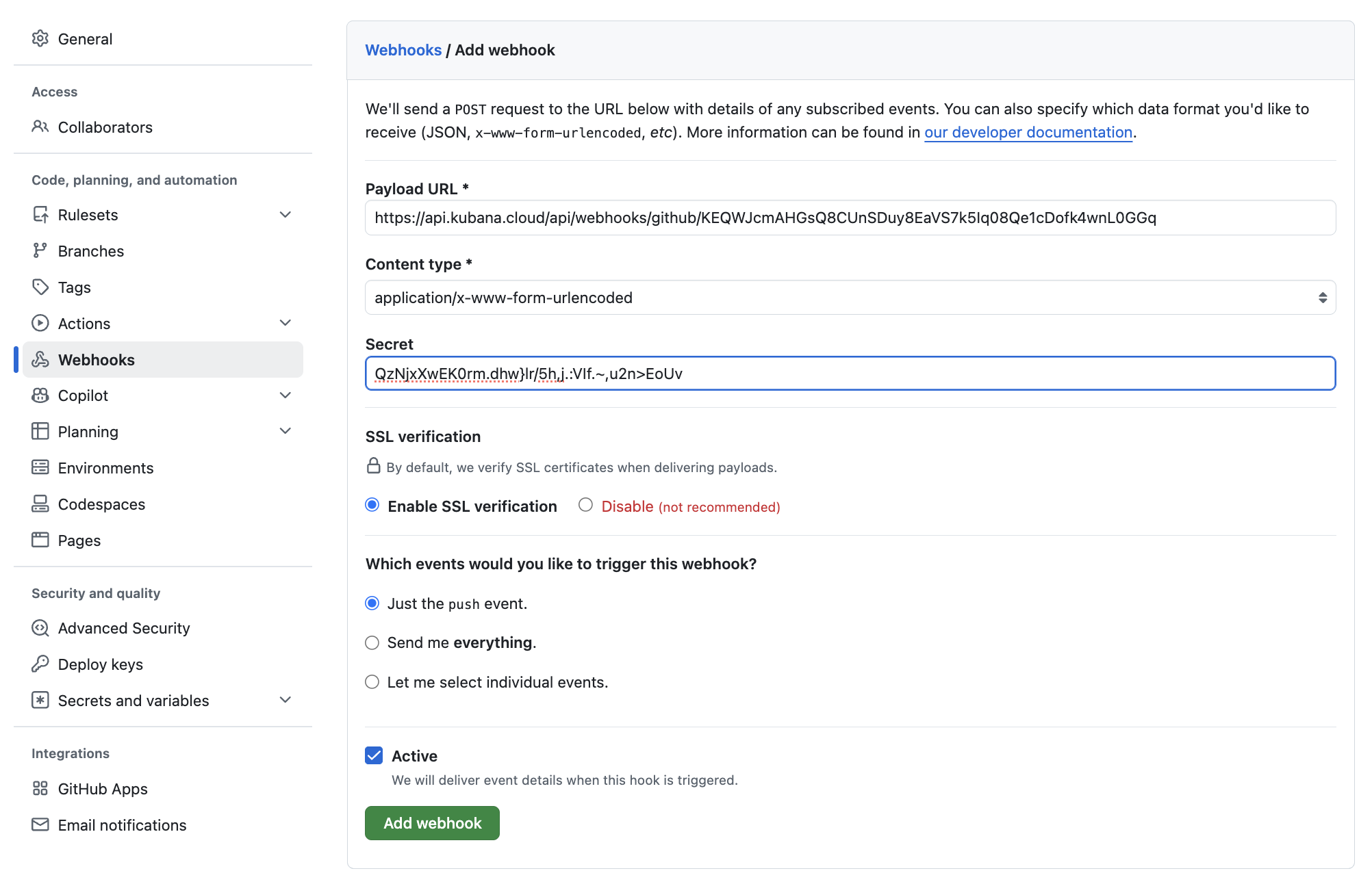 GitHub Add webhook form with push events selected