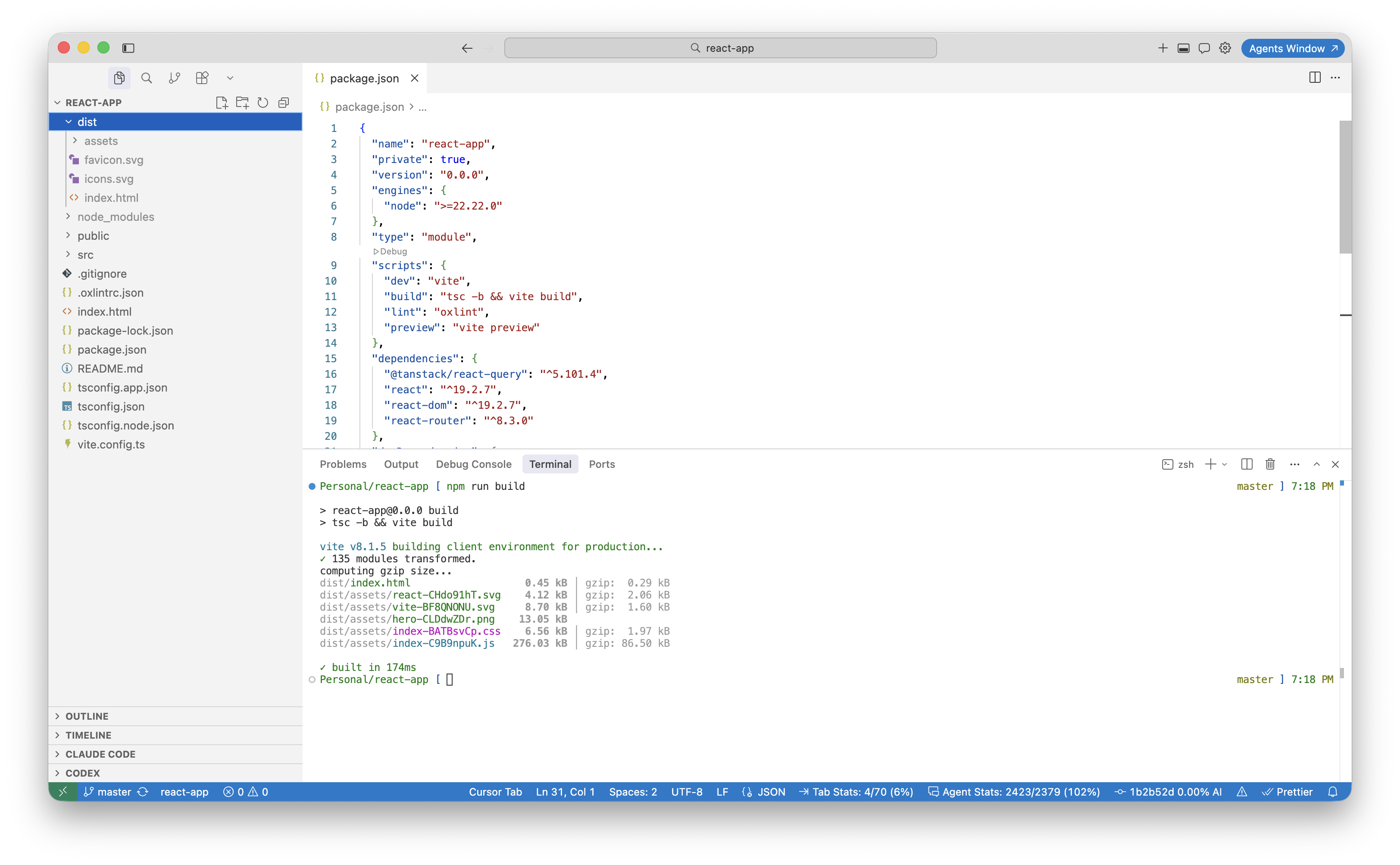 A React project on GitHub showing package.json and a dist or build folder in the README or file tree
