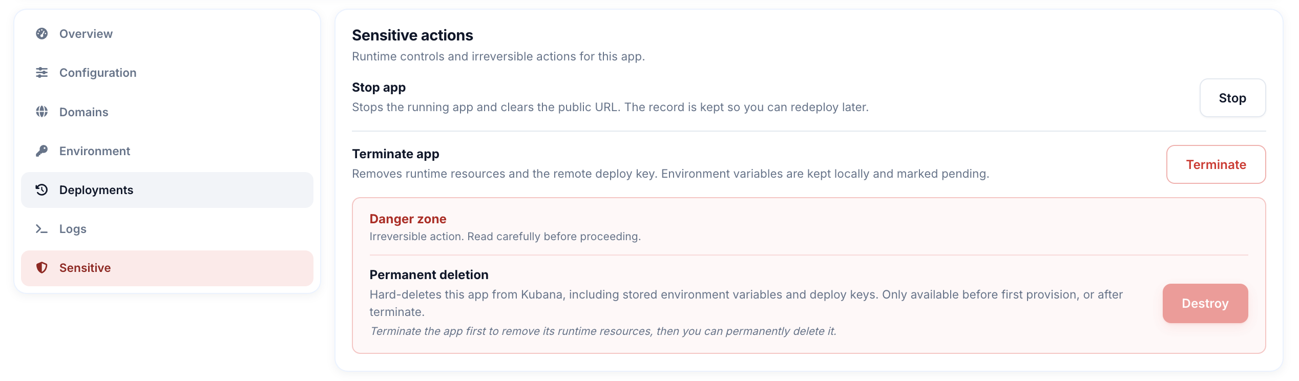 Sensitive actions panel showing Stop, Terminate, and Delete with confirm dialog