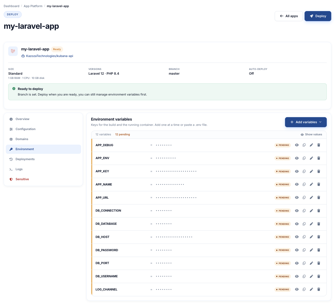 Environment tab with APP_KEY and DB variables, Pending status