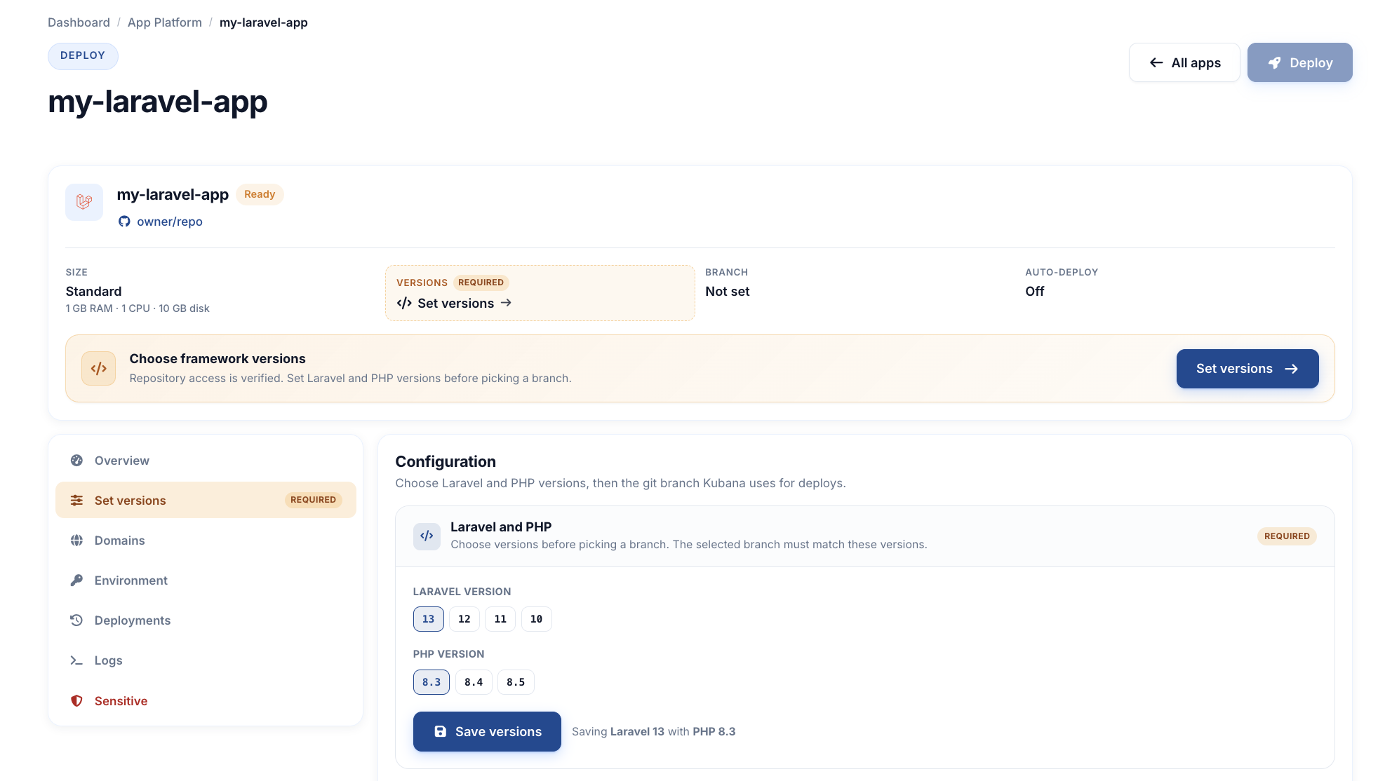 Configuration tab with Laravel and PHP version chips, Save enabled