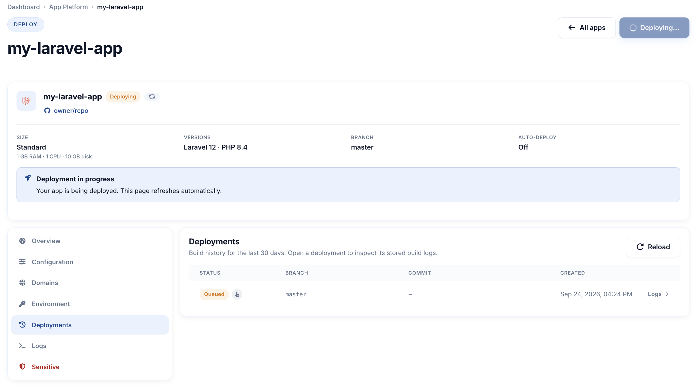 Active app overview with public HTTPS URL, Deploying status, and a pending deployment row