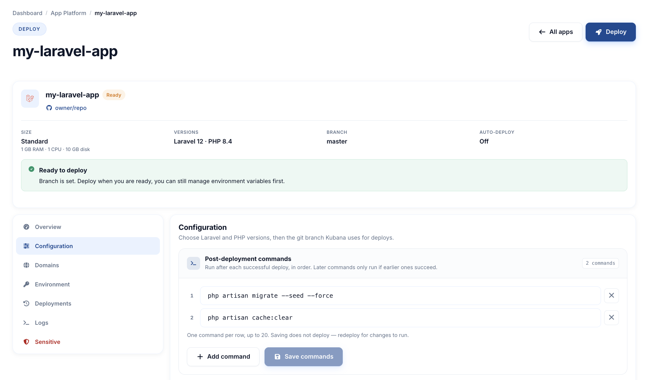 Environment tab with Post-deployment commands, Save enabled