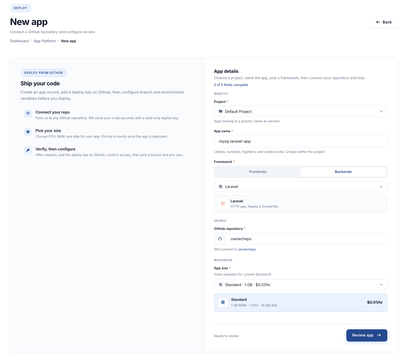 New App Platform form with Backend selected, Laravel chosen, GitHub URL filled in, and a size picked